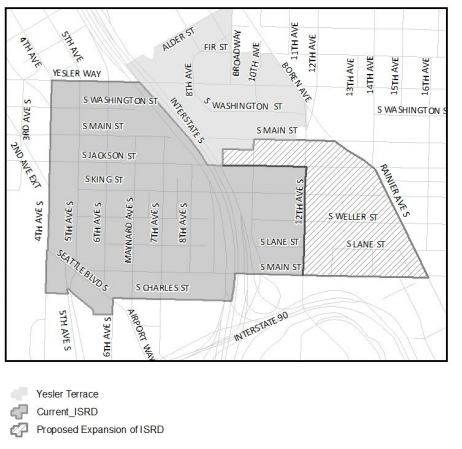 Composite map of current and proposed bounds of the ISRD. (City of Seattle)