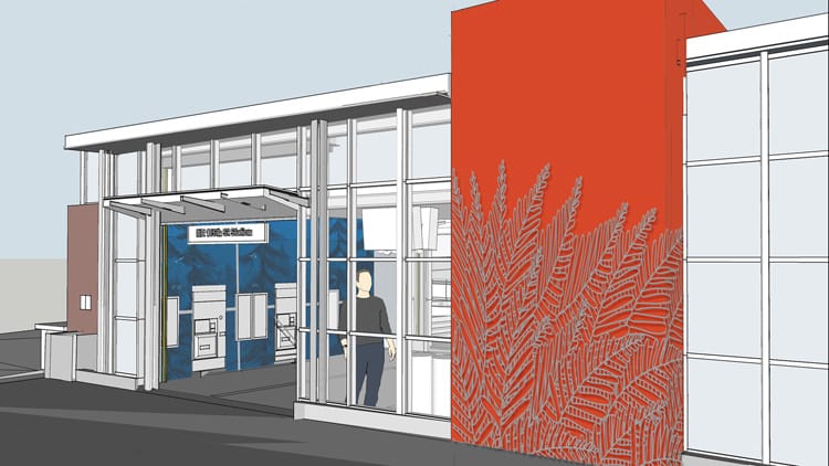 Cut metal resembling plants attached to the exterior of the future 185th Street Station. (Sound Transit)