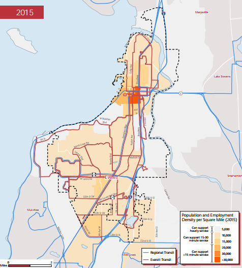 2015 population and employment density with Everett Transit and regional transit service overlaid. (City of Everett)