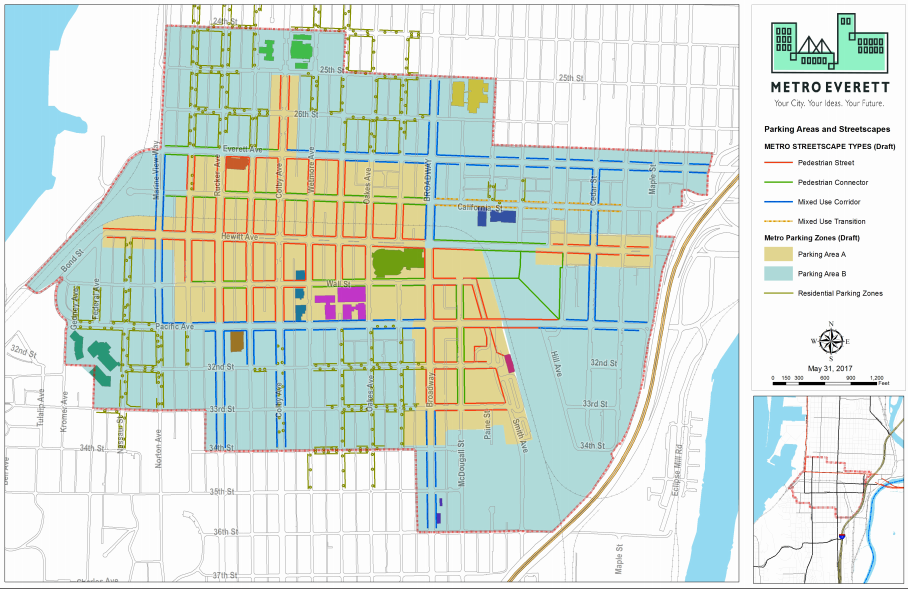 Map of proposed parking areas and streetscape destinations within Metro Everett. (City of Everett)