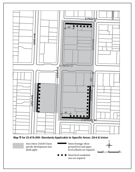 Map of the locations and types of special urban design standards that would apply in the 23rd and Union node. (City of Seattle)