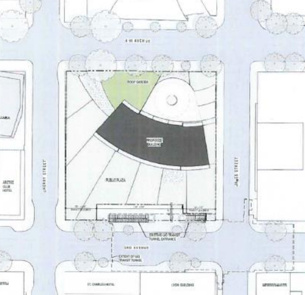 The conceptual site layout; note the plaza space at the bottom of the image. (City of Seattle)