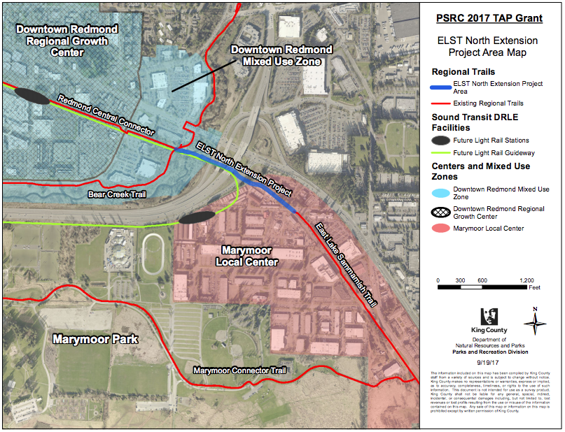 The blue line indicates where the trail extension would be made. (King County)