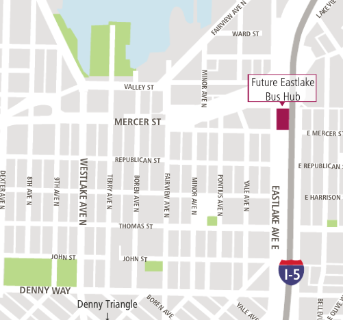 Where Metro wants to locate the first bus hub. (King County)