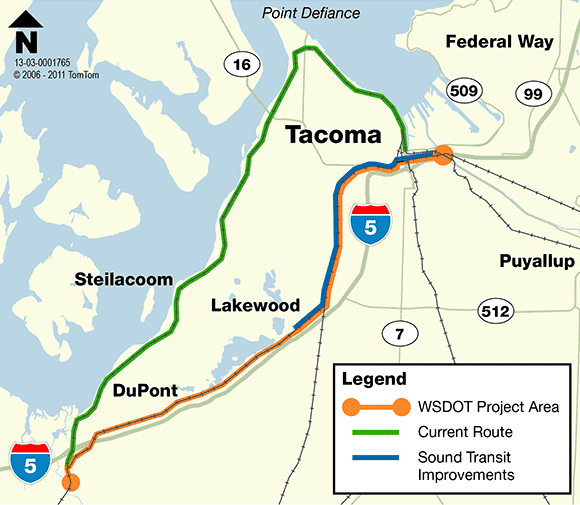 Green indicates the Point Defiance route while orange indicates the new Point Defiance Bypass. (WSDOT)