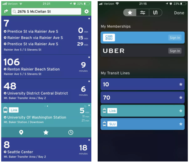 Left: an example of a branch card. Right: setting screen with membership options and favorited transit lines.