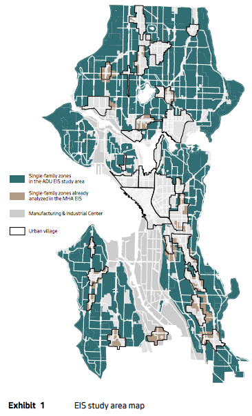 Teal indicates the general single-family zone areas being evaluated by the EIS process. (City of Seattle)