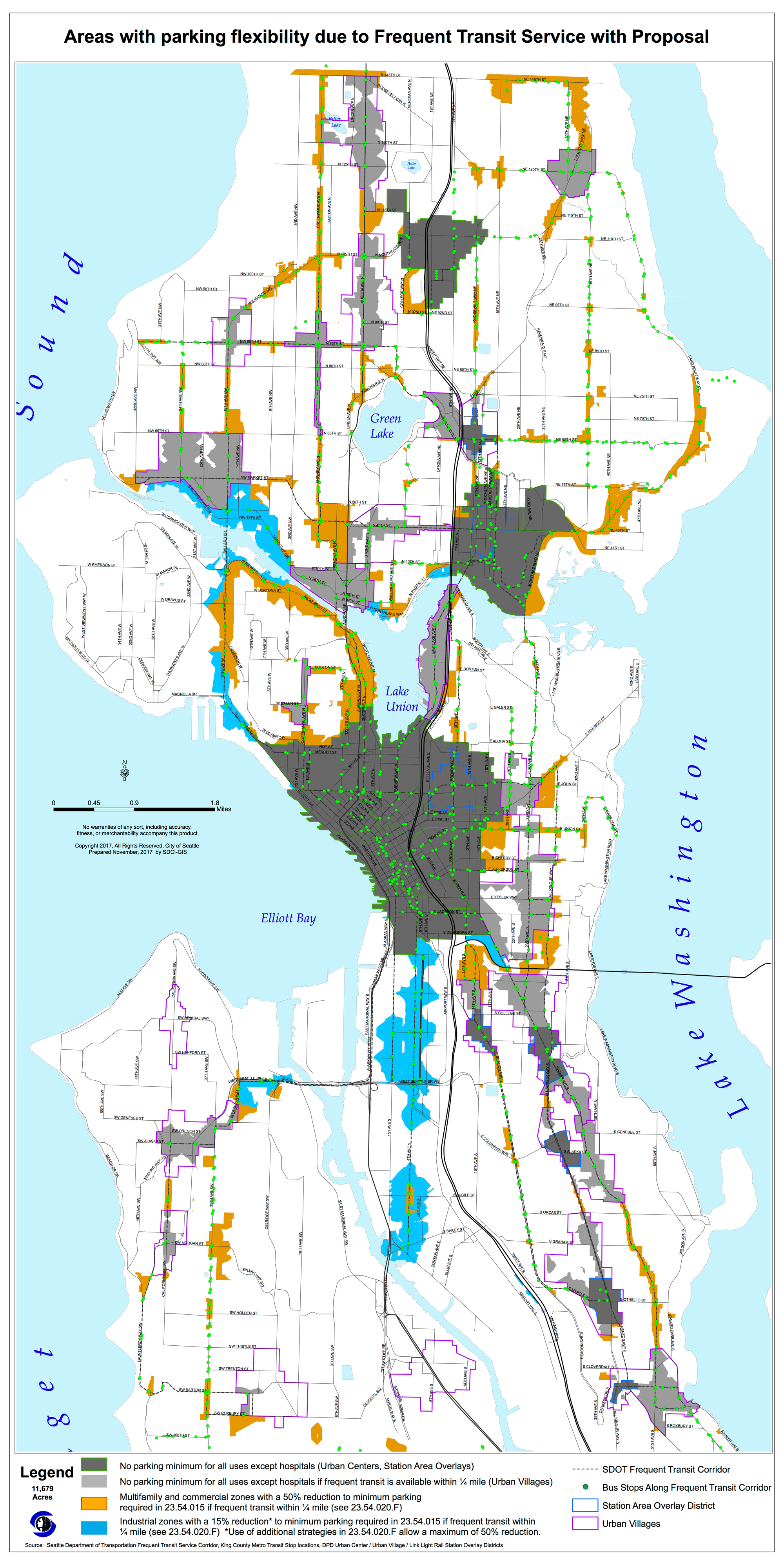Areas in light grey, orange, and blue may qualify for reduced or eliminated parking requirements due to frequent transit service under the proposal. (City of Seattle)