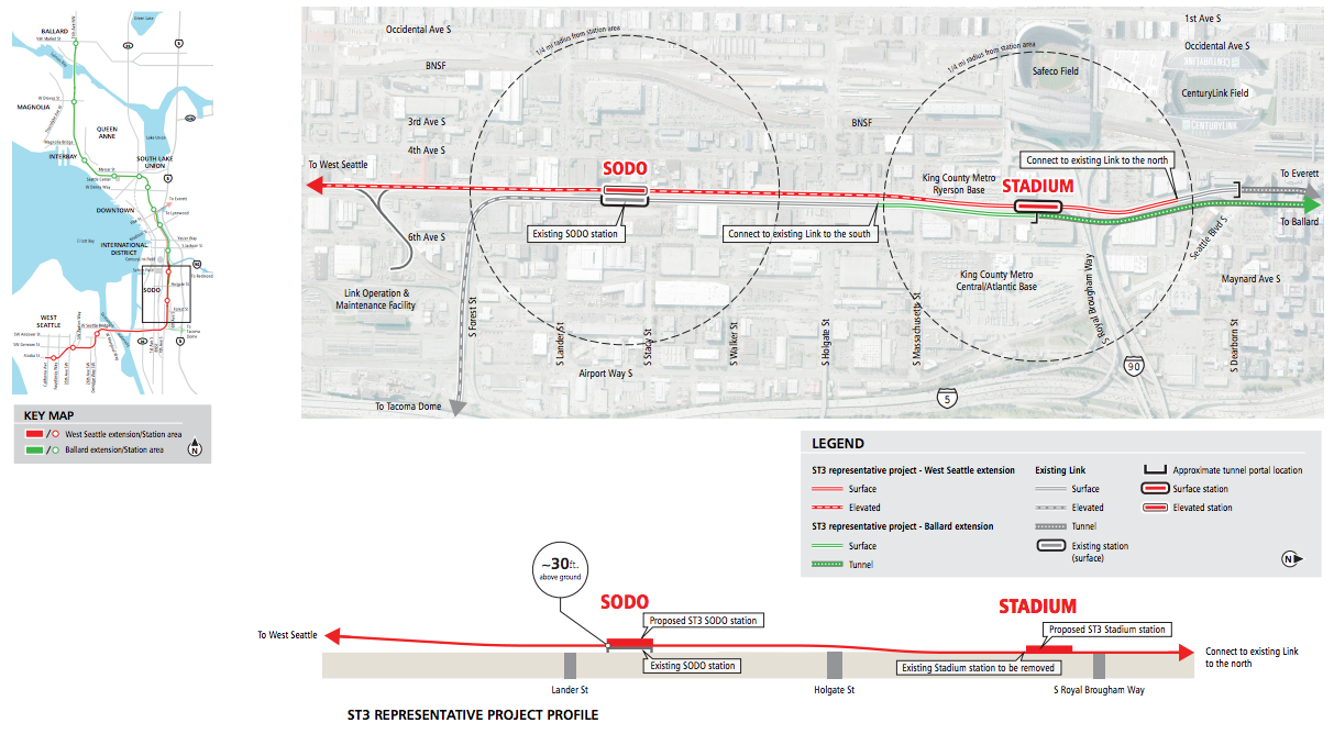 Roll map of the conceptual alignment from Chinatown through SoDo. Click for larger version. (Sound Transit)