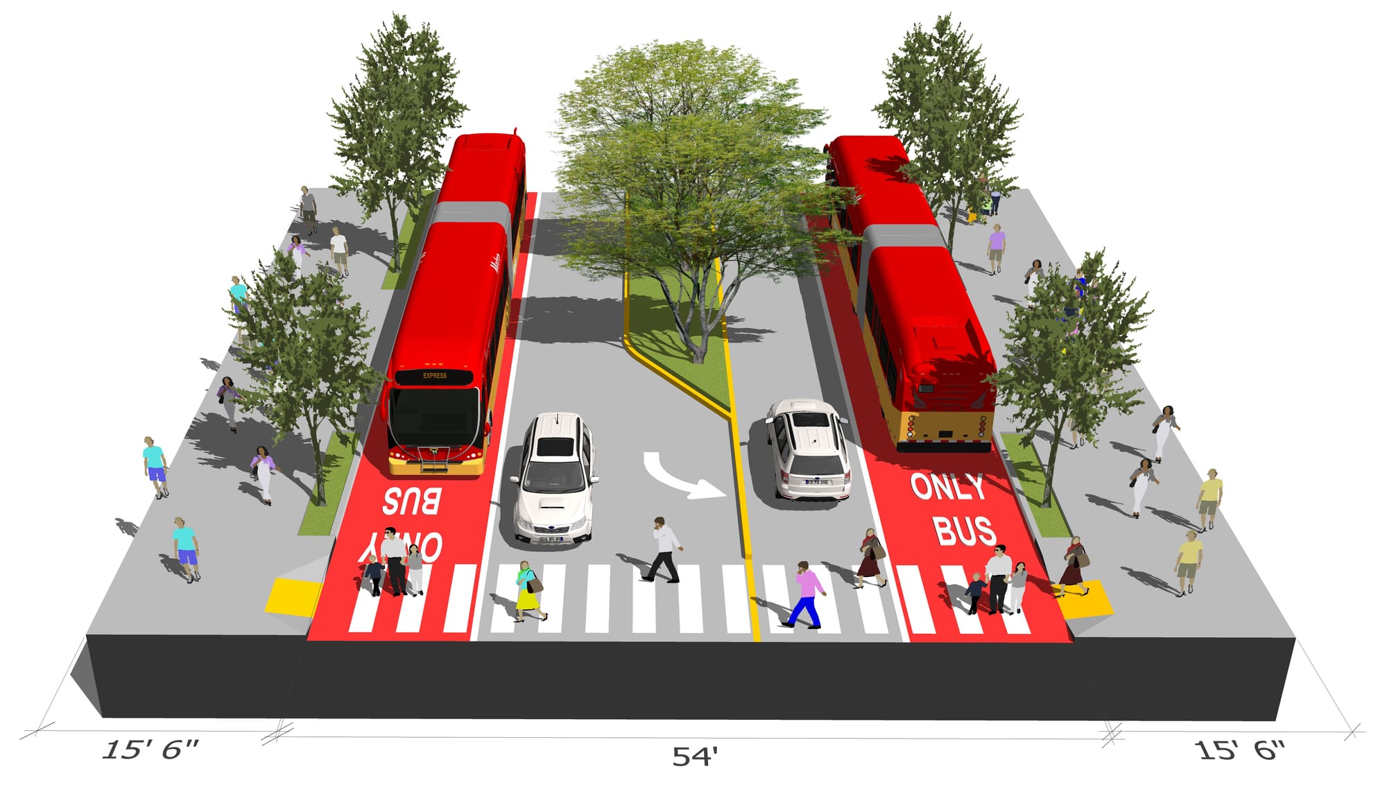 Removing lanes each way and planting the medians, the most dramatic option provides the safest, most pedestrian oriented design which complies with SDOT’s Street’s Illustrated example of “Urban Village Main”. (Image by Author)