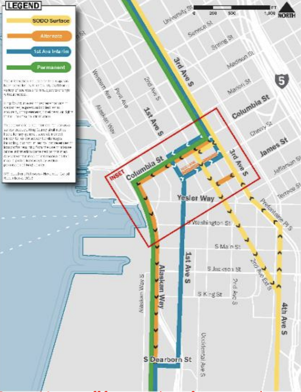 Transit pathways during and after the Seattle Squeeze in Pioneer Square and Chinatown-International District. (King County)