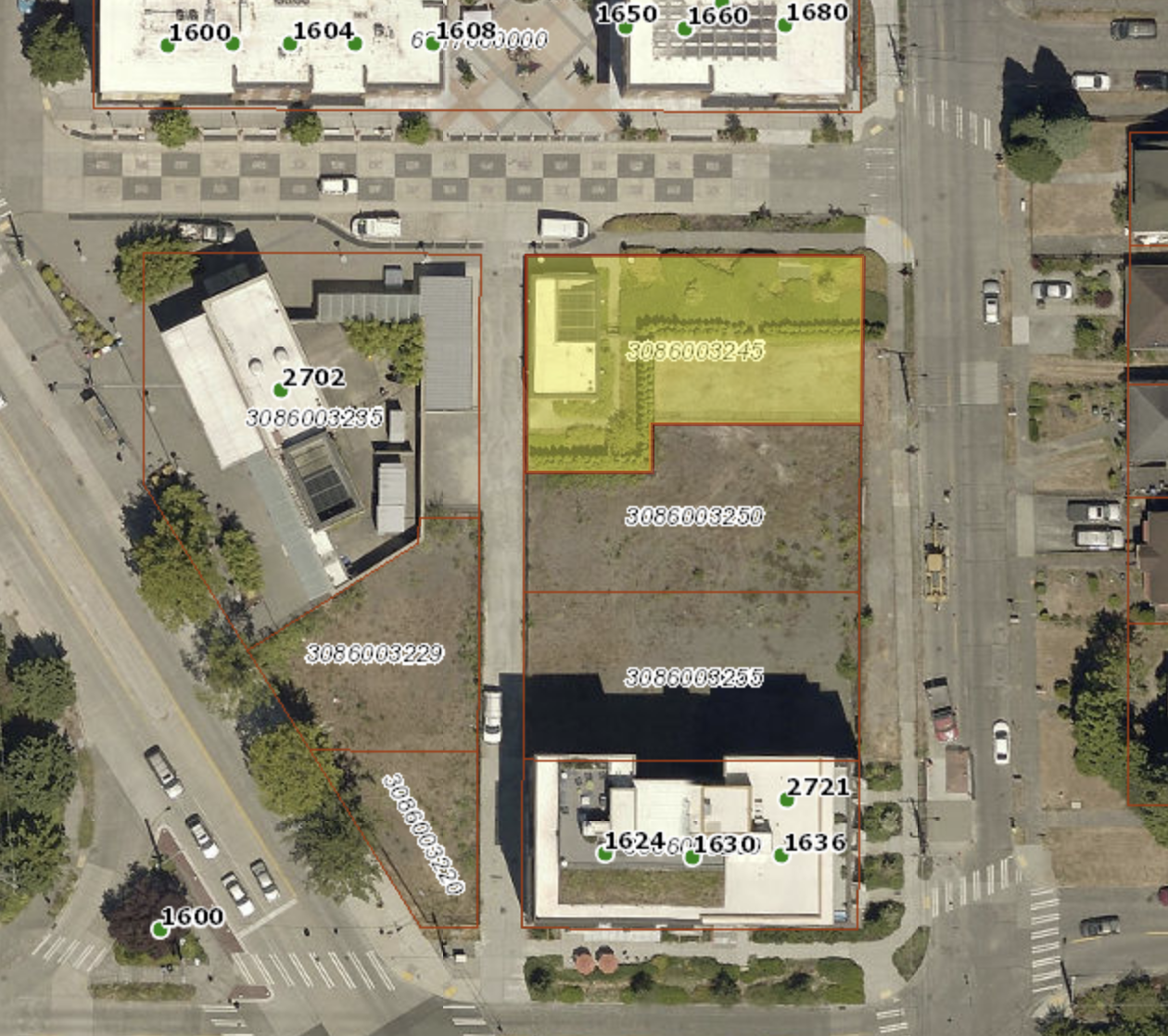 The yellow site is the parcel of land that will be adjusted and partially sold to the developer. (King County)
