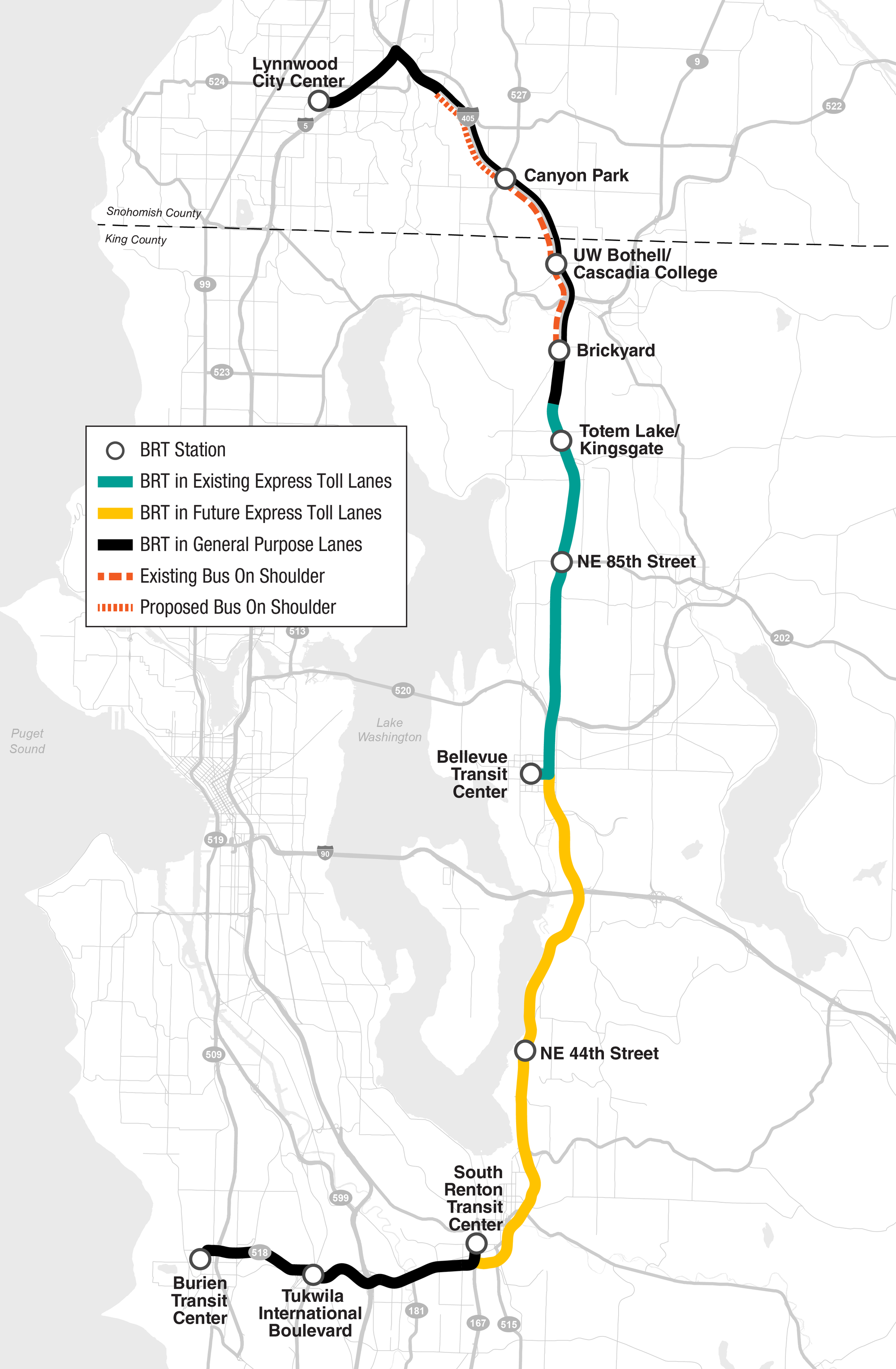 Schematic of planned, proposed, and existing lanes for BRT service. (Sound Transit)