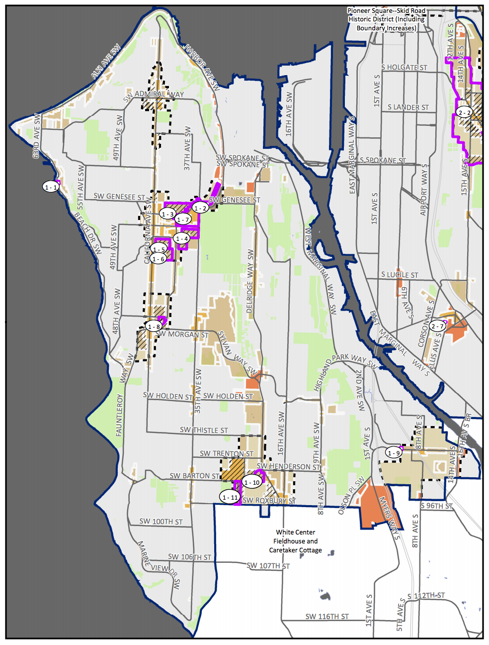 Council District 1 MHA rezone map with amendment proposals. (City of Seattle)