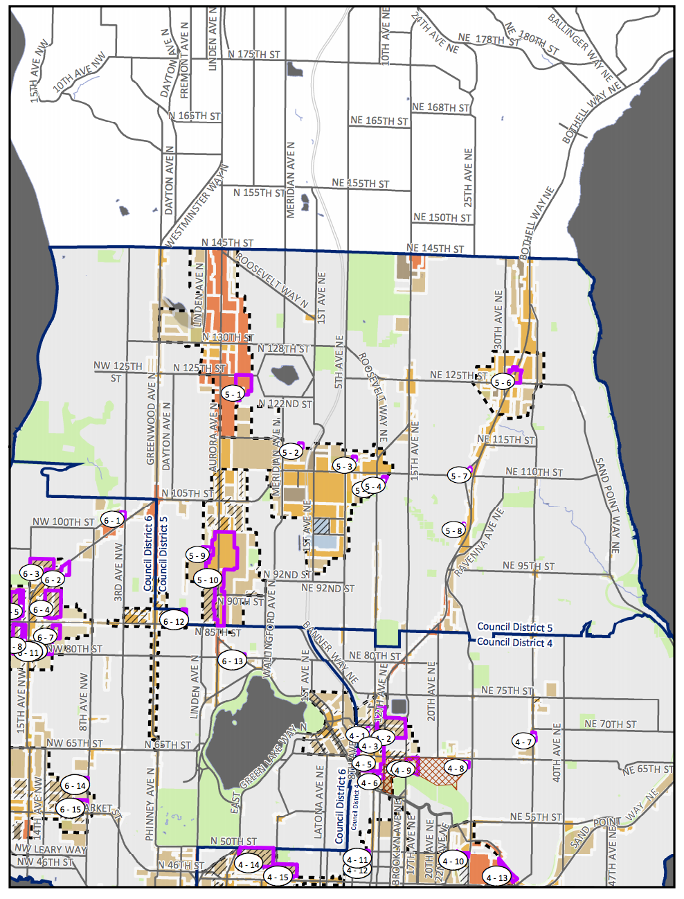 Council District 5 MHA rezone map with amendment proposals. (City of Seattle)