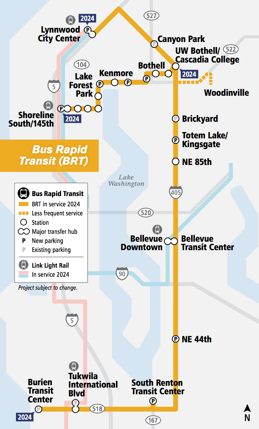 Yellow lines indicate Sound Transit's planned BRT corridors. (Sound Transit)