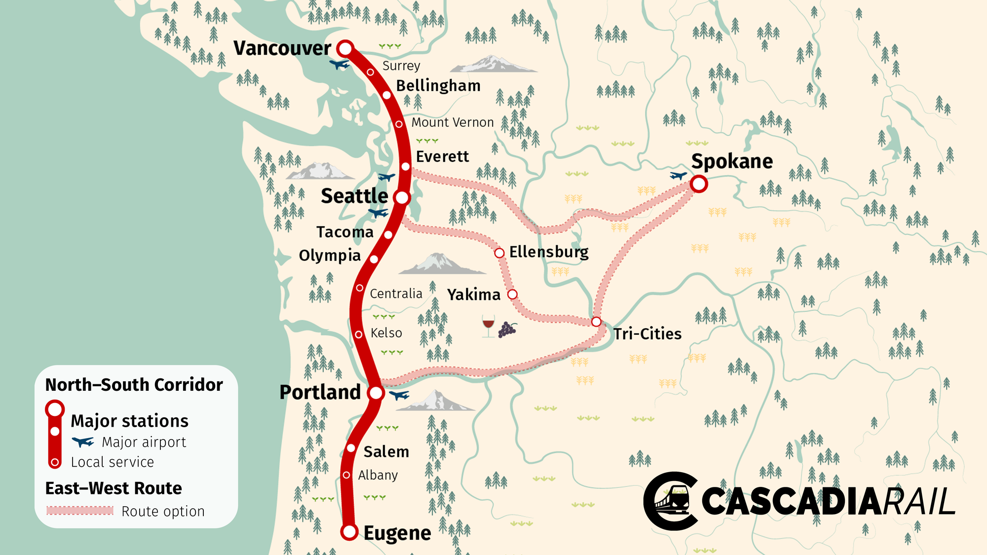 Cascadia Rail's new high-speed vision map with possible spur service to Eastern Washington. (Oran Viriyincy)