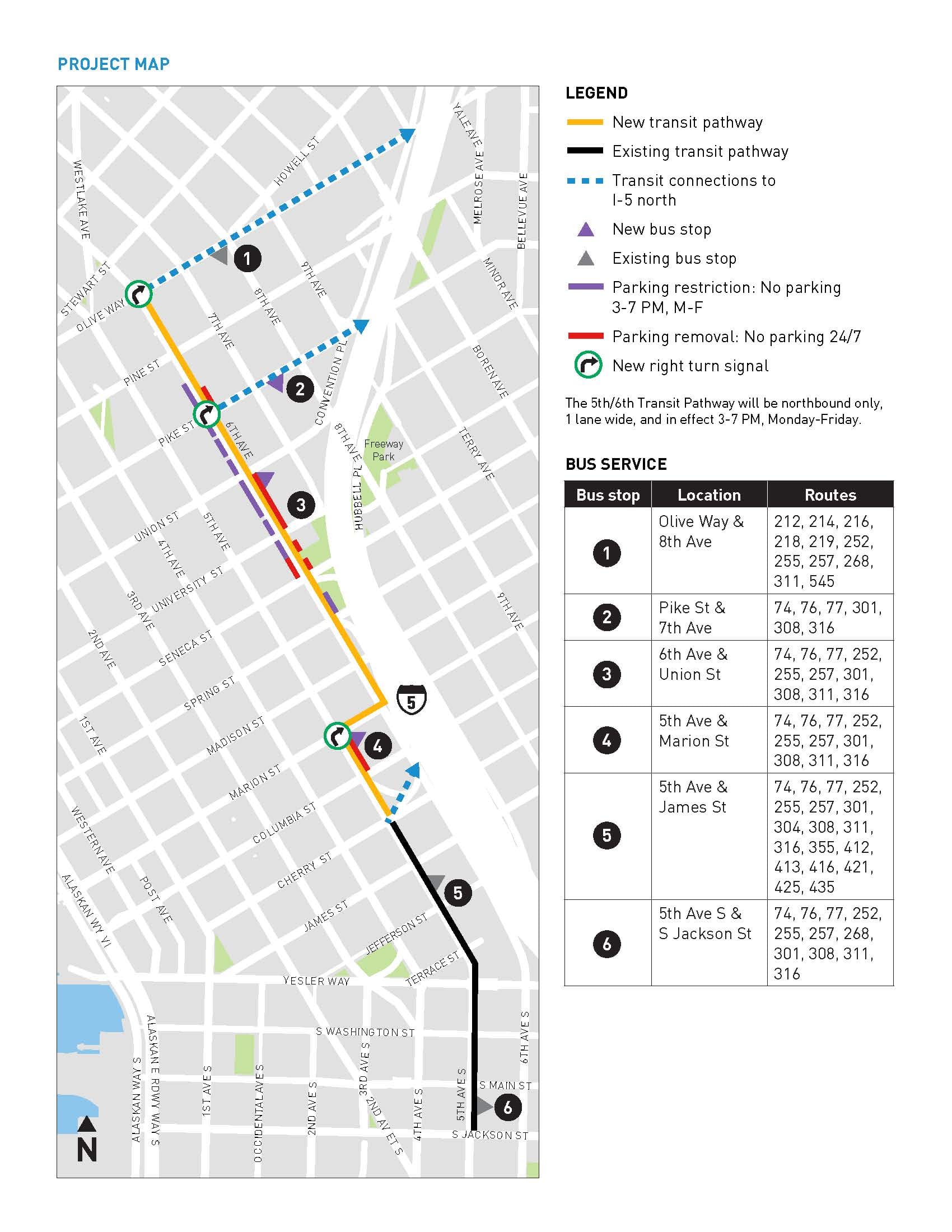 Planned improvements and corridor of the Fifth Avenue and Sixth Avenue transit pathway project. (City of Seattle)