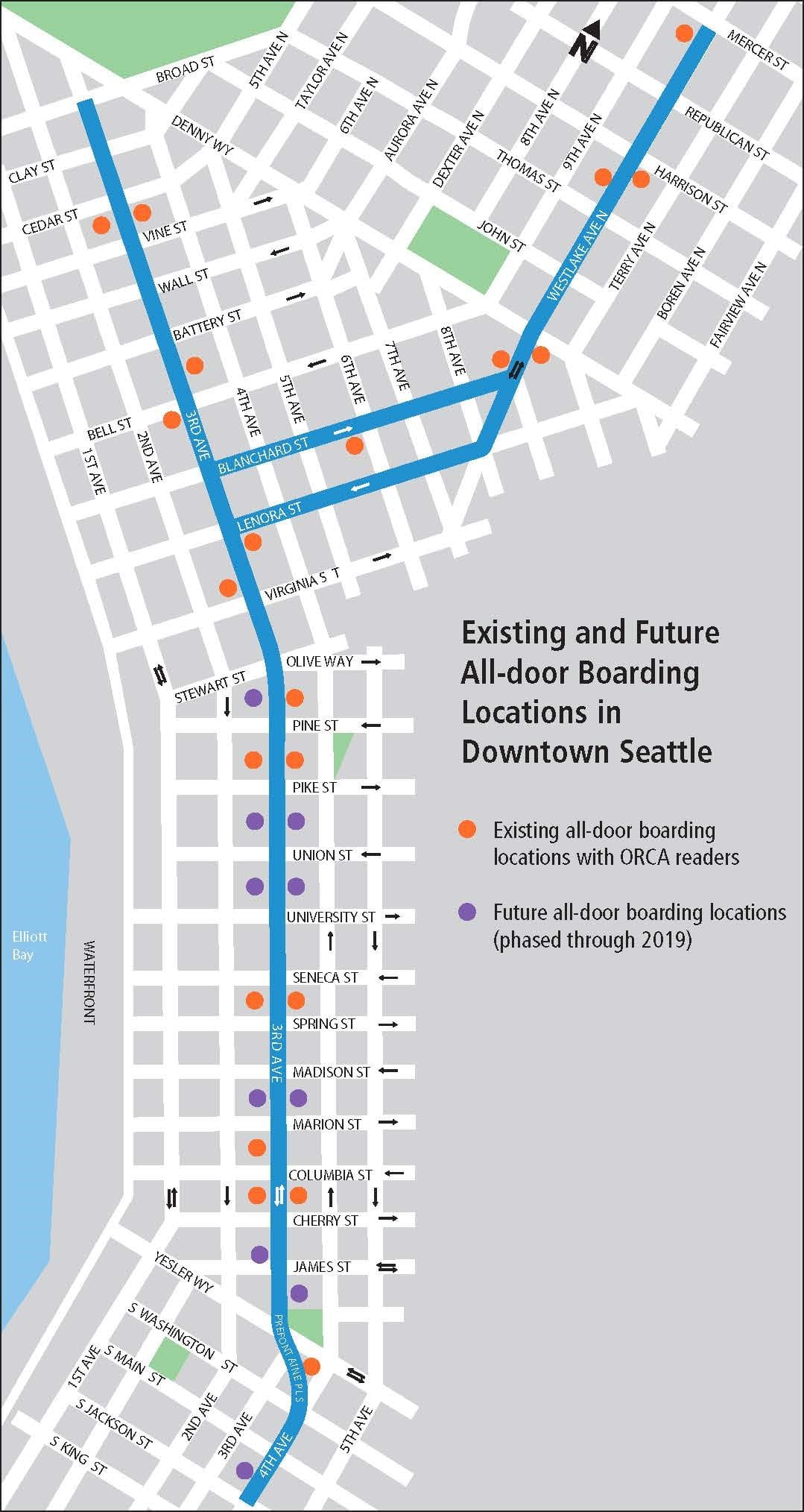 Existing and future all-door boarding locations with ORCA card readers. (City of Seattle)