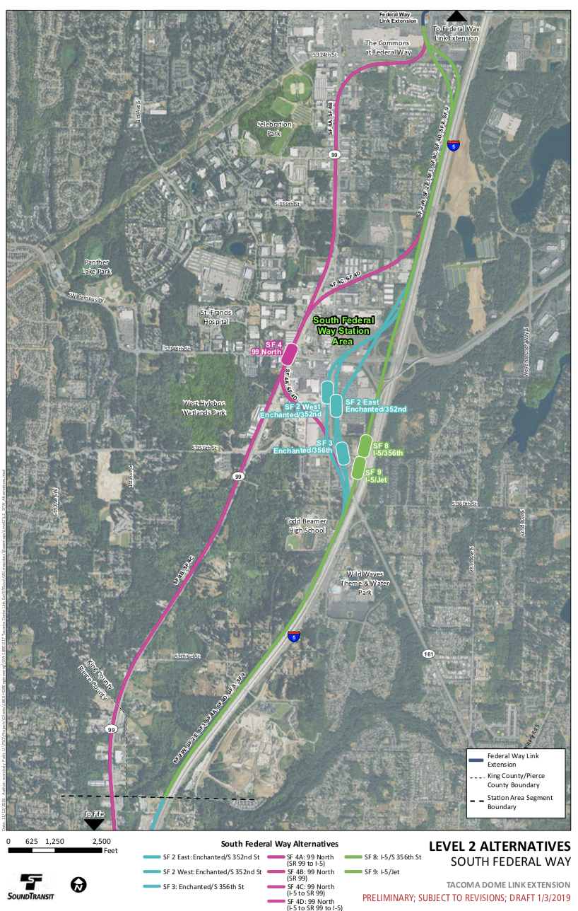 Level 2 Alternatives map of the South Federal Way segment. (Sound Transit)
