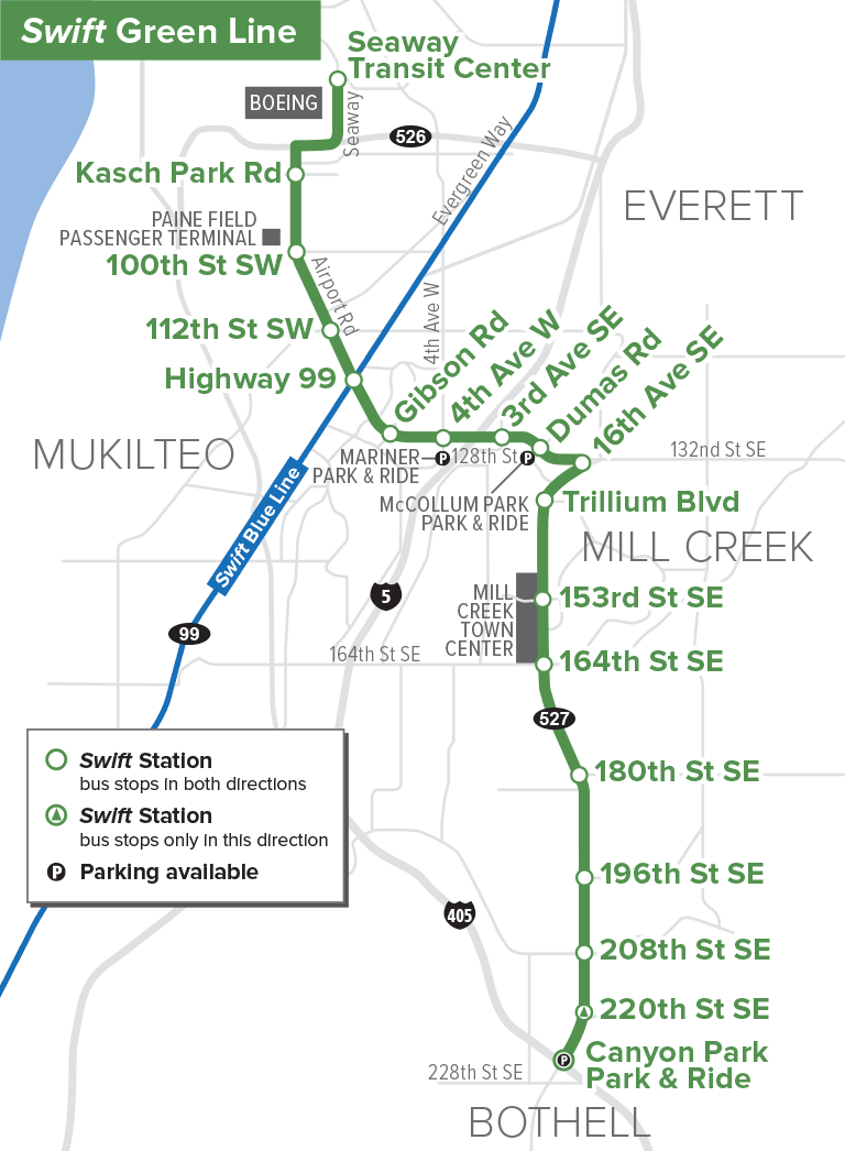 New Swift Green Line alignment and stops. (Community Transit)