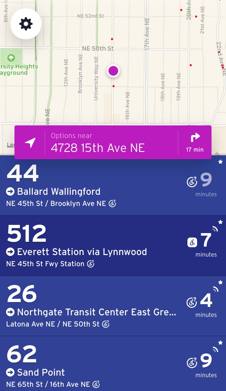 In "nearby" mode, routes close by are shown, including whether next trips have live trip data or not. (Transit App)