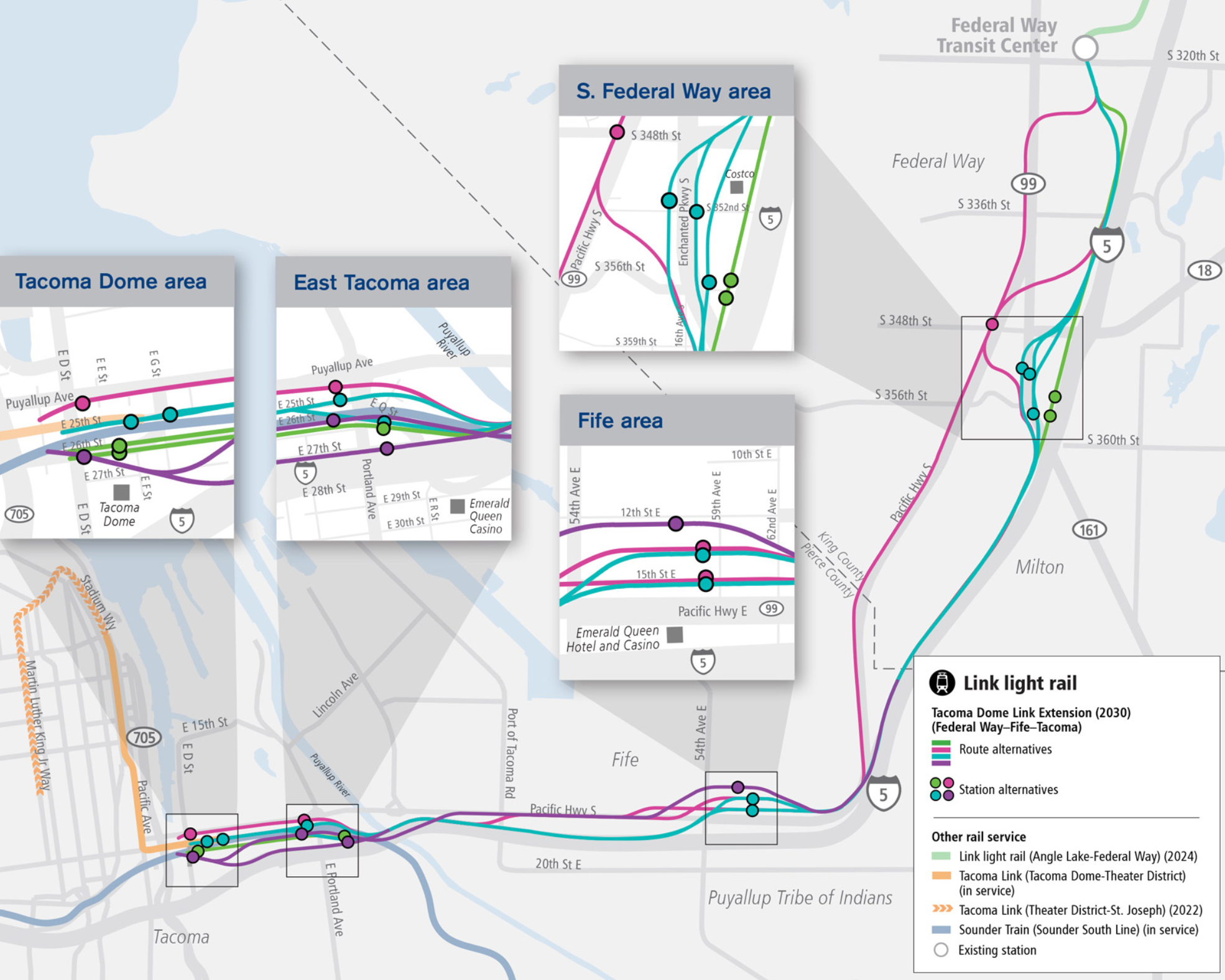 Overview of the route and station options for the Tacoma Dome Link Extension. (Sound Transit)