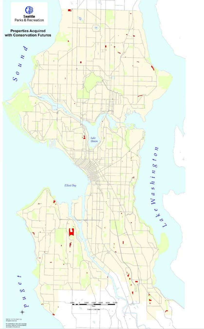 Map of past acquisitions under the Conservation Futures program. (City of Seattle)