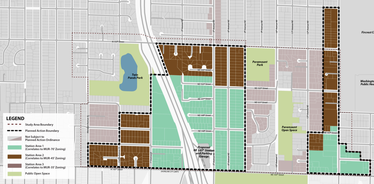 The above map displays the boundary lines for Shoreline's 145th Street light rail station subarea plan. Station area 1, marked by indicated by bright green shading, allows for buildings as tall as 70 feet. Credit: City of Shoreline.