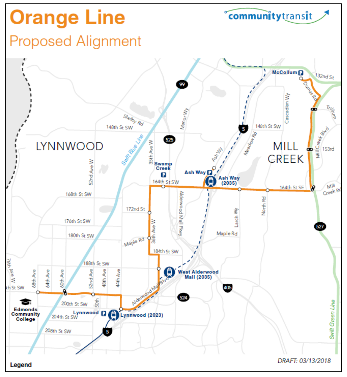 Proposed alignment of the Swift Orange Line and stops. (Community Transit)