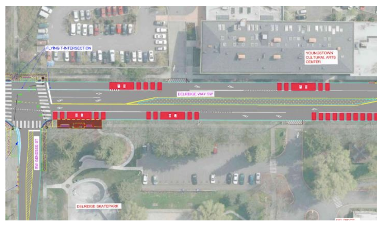 Median with plantings south of SW Genesee St and intersection curb improvements. (City of Seattle)