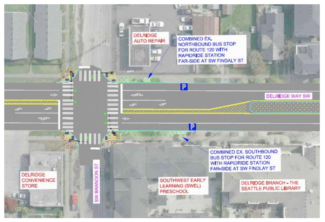 Median with plantings south of SW Brandon St and intersection curb improvements. (City of Seattle)