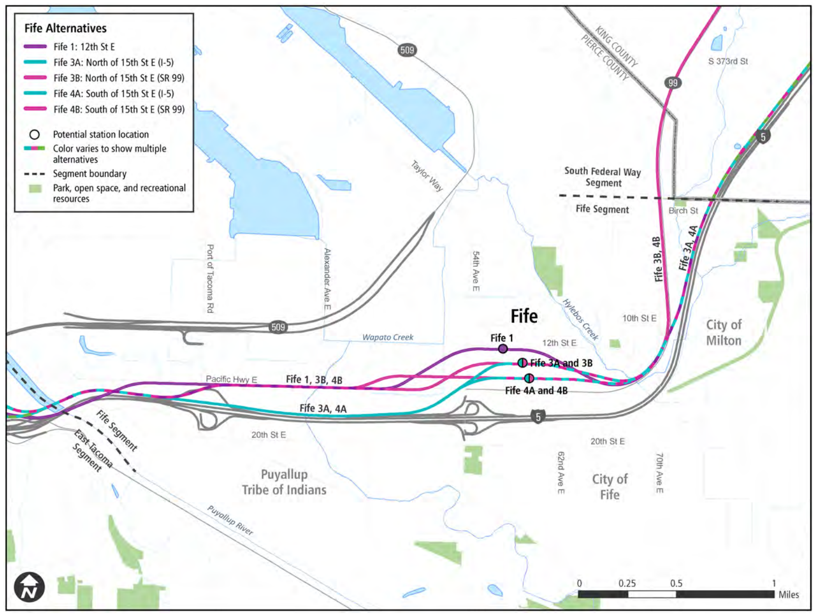 Alternatives for the Fife segment. (Sound Transit)