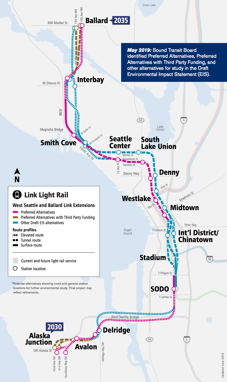 Alternatives for the Ballard and West Seattle light rail extensions. (Sound Transit)