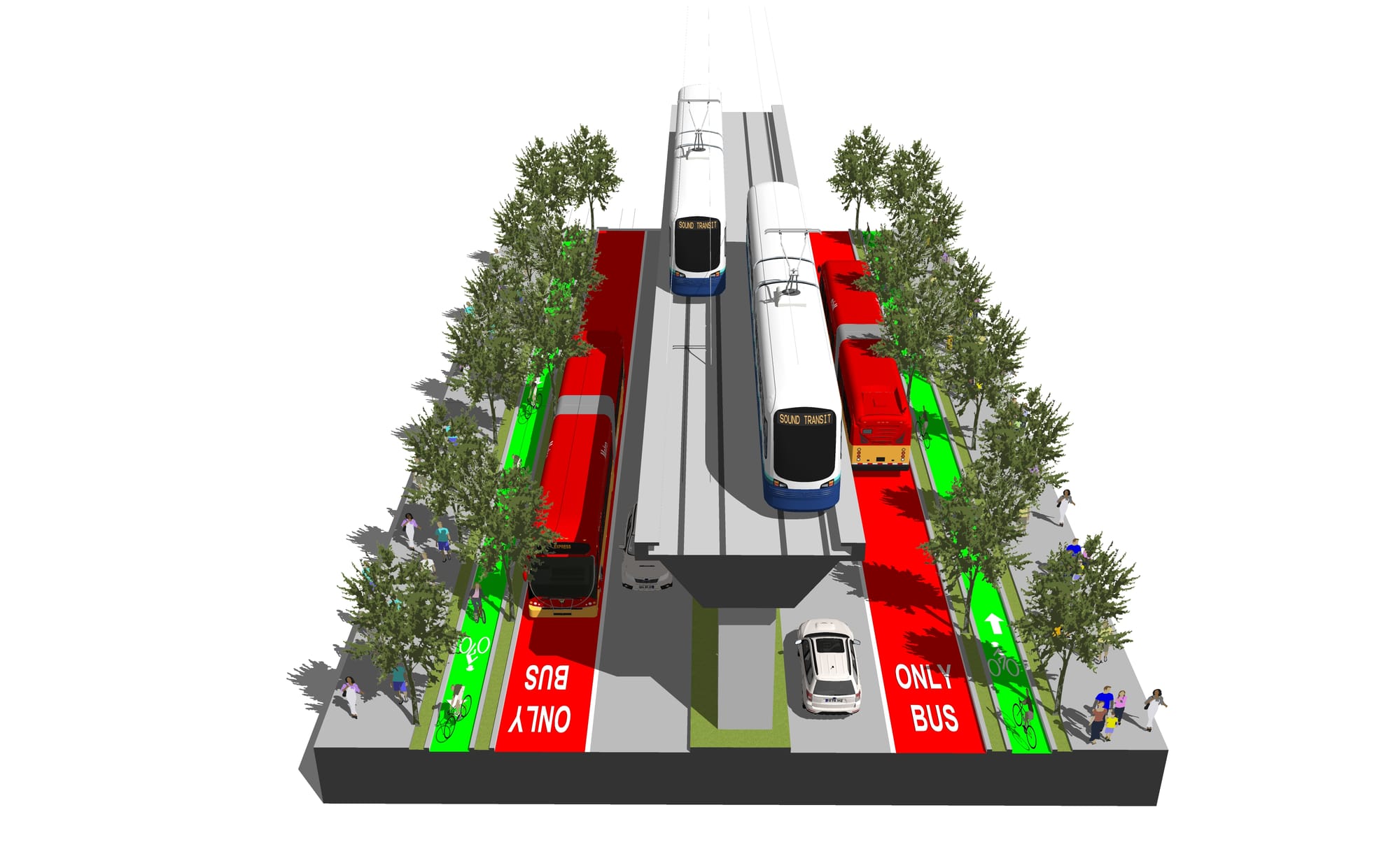 A elevated rail line down the middle of Aurora Avenue with bike lanes, bus lanes, and a row of trees on the side.
