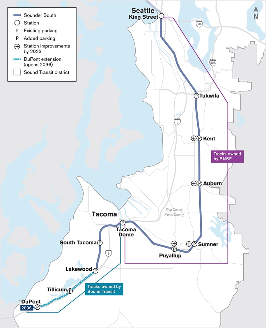 The Sounder South corridor, track ownership, and existing and planned service extent. (Sound Transit)