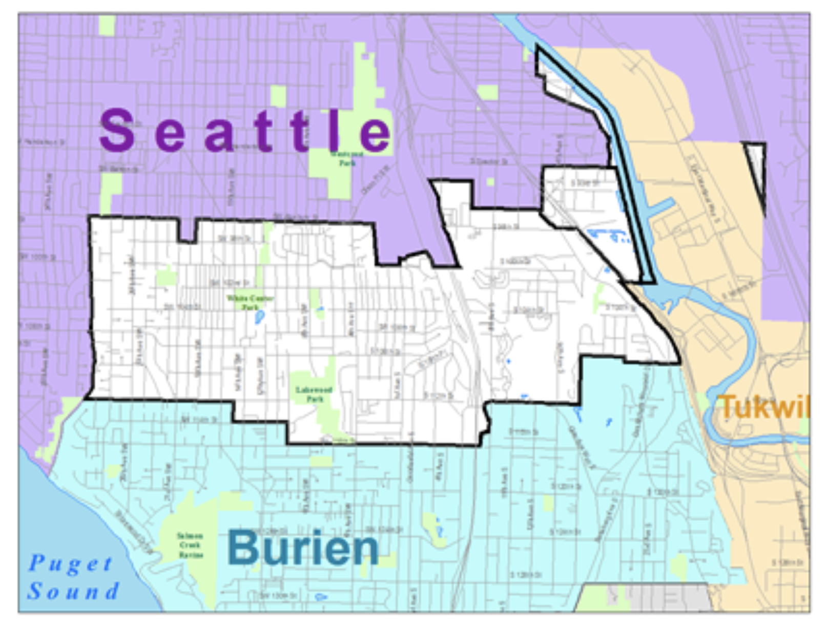 The area between Tukwila, Burien, and Seattle is considered to be White Center. (King County)