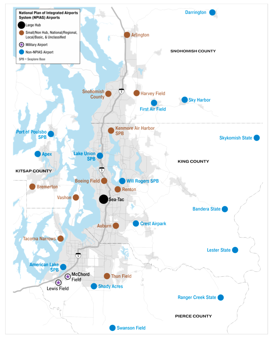 The location and type of the 29 airports in the four-county region. (PSRC)