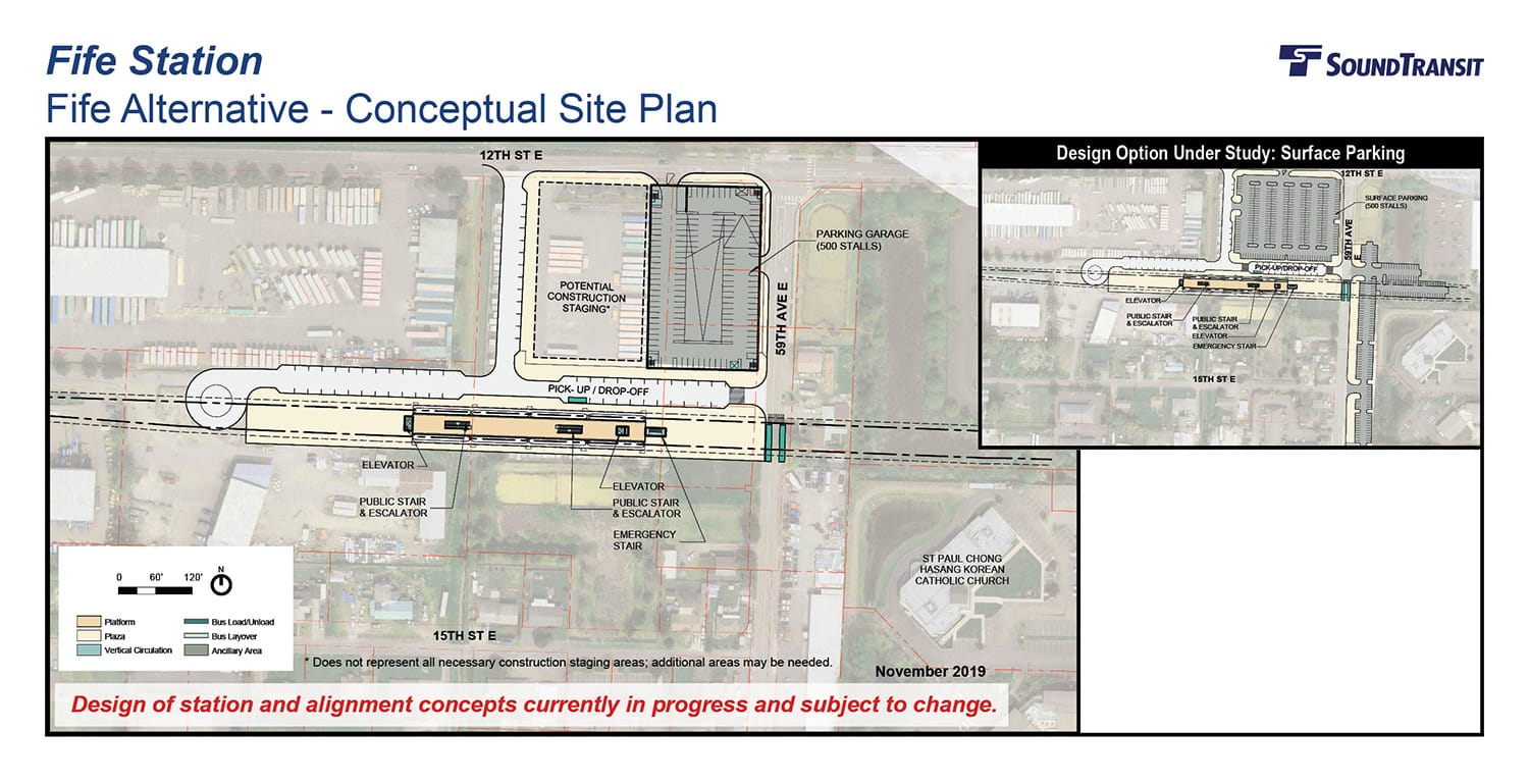 The conceptual station layout options for the Fife Station. (Sound Transit)