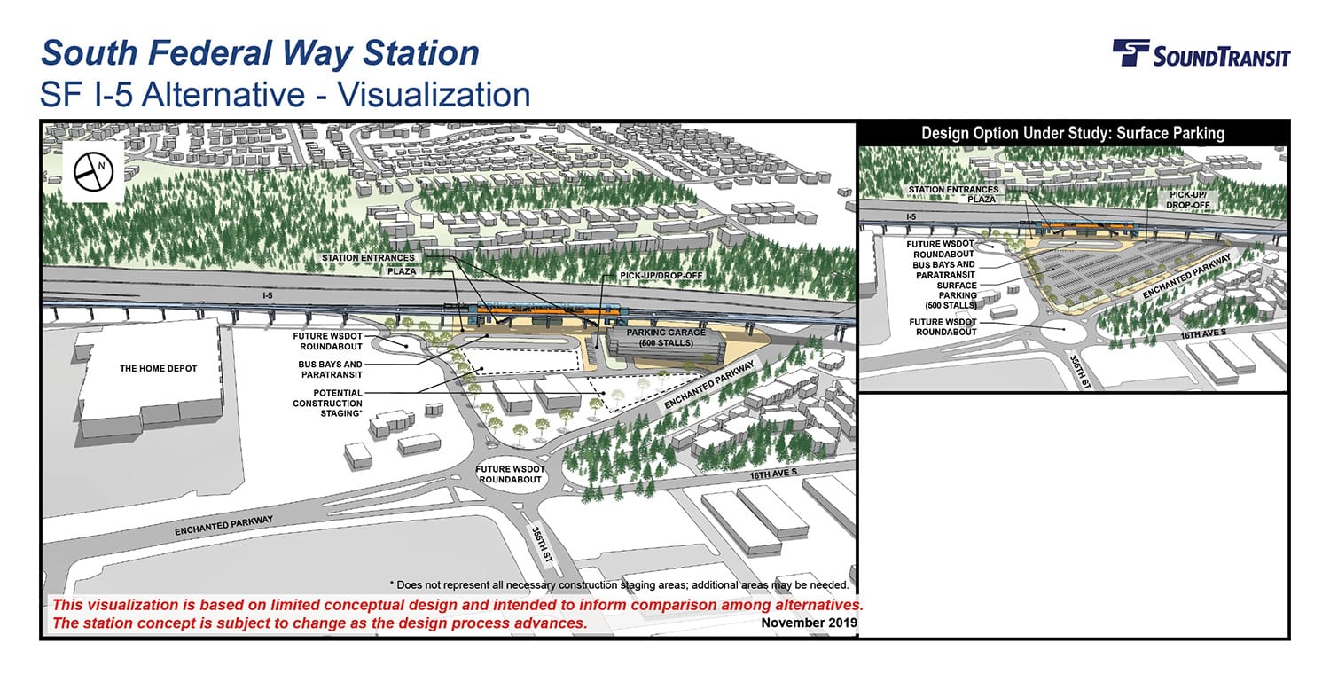 Renderings of the conceptual station layout options for the South Federal Way Station at I-5. (Sound Transit)