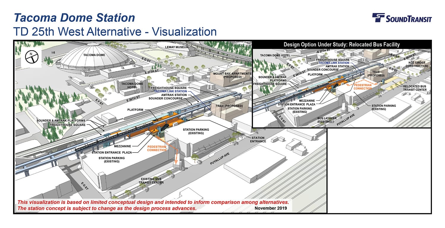 Renderings of the conceptual station layout options for the Tacoma Dome Station TD 25th West Alternative. (Sound Transit)﻿