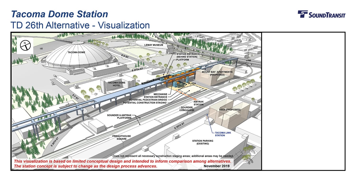 Rendering of the conceptual station layout option for the Tacoma Dome Station TD 26th Alternative. (Sound Transit)
