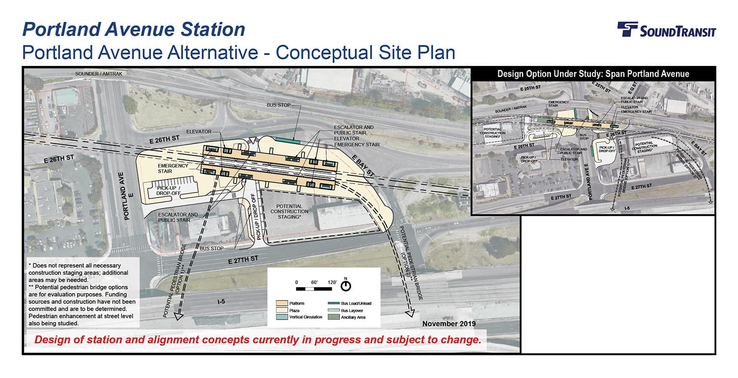 The conceptual station layout options for the Portland Avenue Station. (Sound Transit)