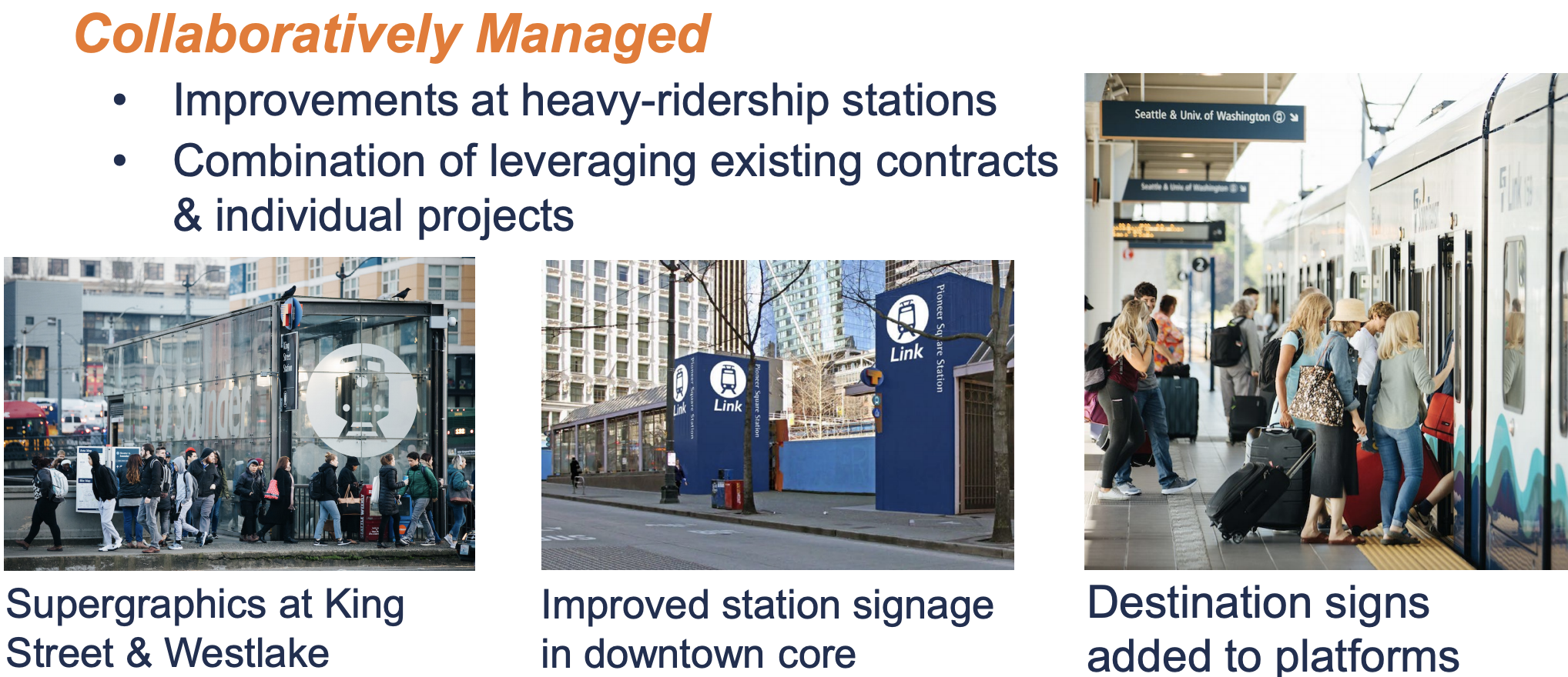 Examples of other wayfinding signage improvements implemented by Sound Transit. (Sound Transit)