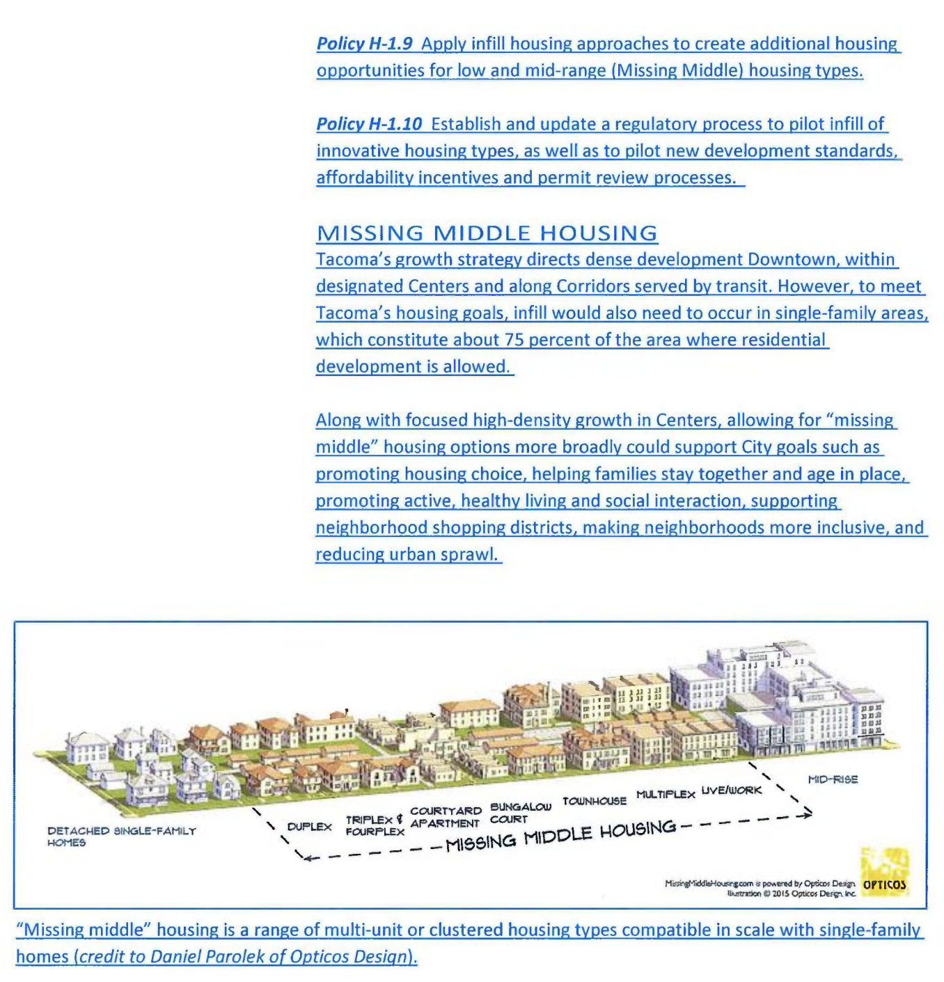 Excerpt of Tacoma's innovative housing and missing middle housing policies in the updated Comprehensive Plan. (City of Tacoma)