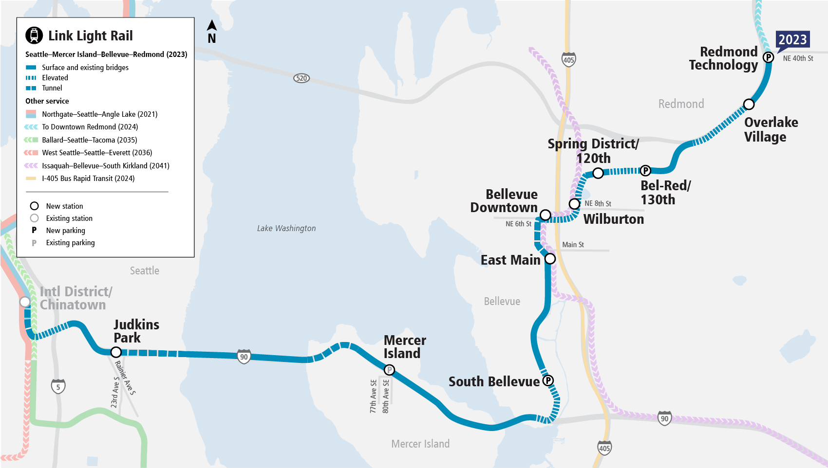 Link Light Rail diagram emphasizing the East Link line and stations in relation to existing and future light rail lines. (Sound Transit)