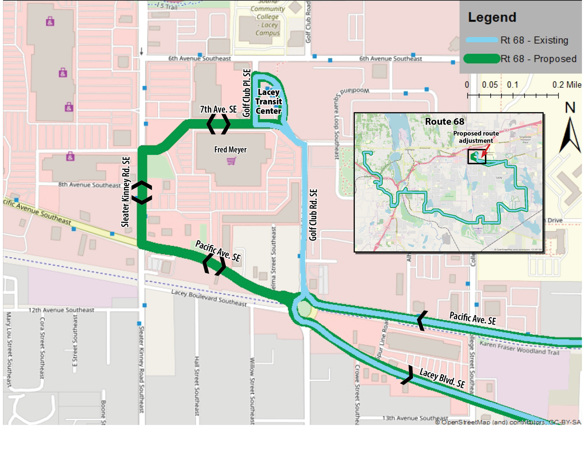 The proposed alignment adjustment for Route 68 in reaching the Lacey Transit Center. (Intercity Transit)