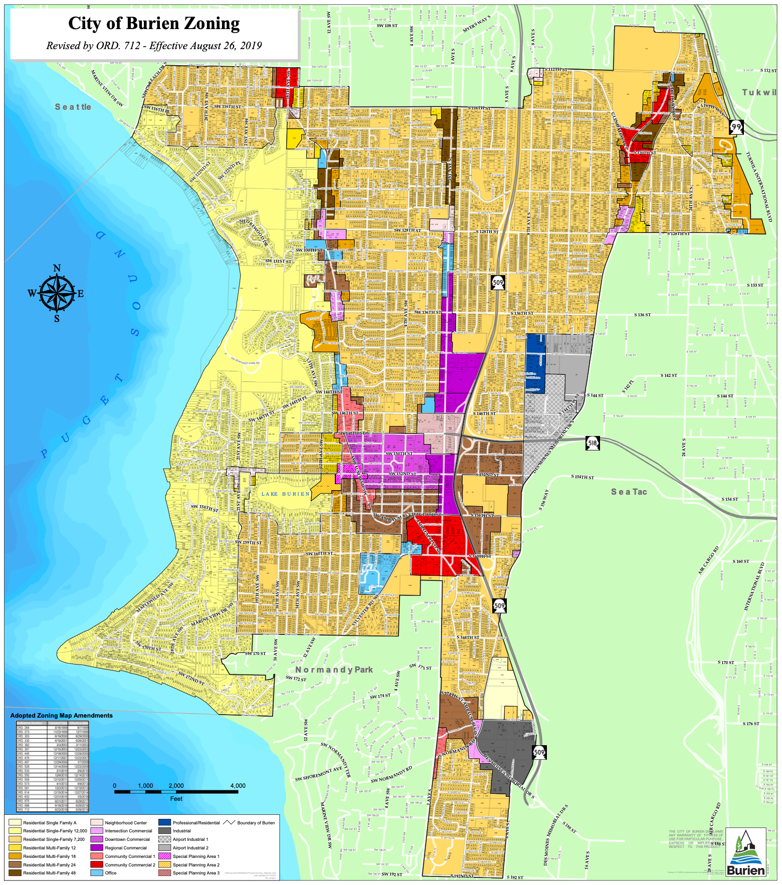 Yellow areas represent single-family residential zones, brown areas represent multifamily residential zones, and other colors represent mixed-use and non-residential zones. (City of Burien)