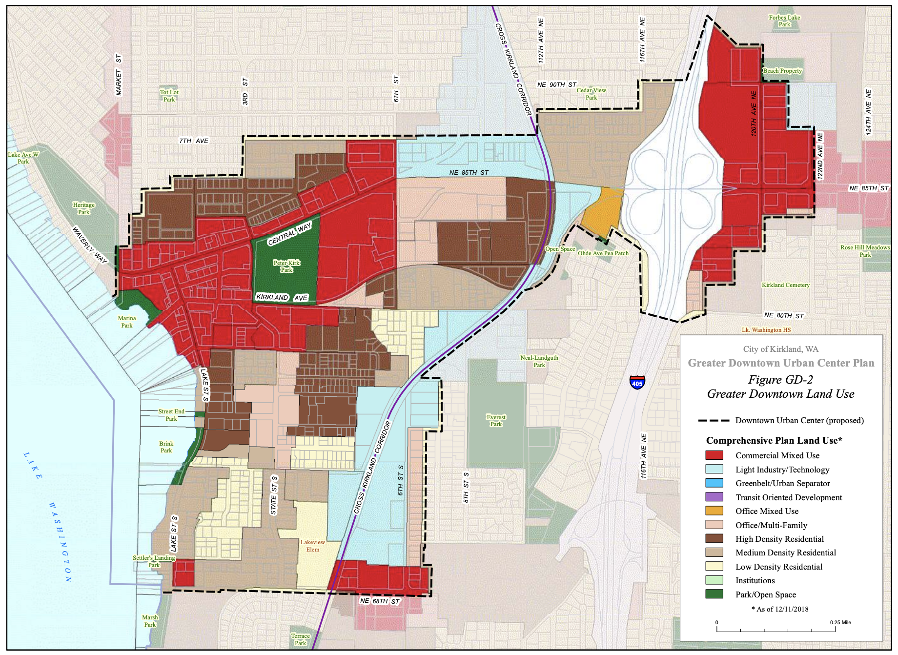The boundaries of Kirkland's new downtown Urban Center--and proposed Regional Growth Center--shown with its associated future land uses. (City of Kirkland)