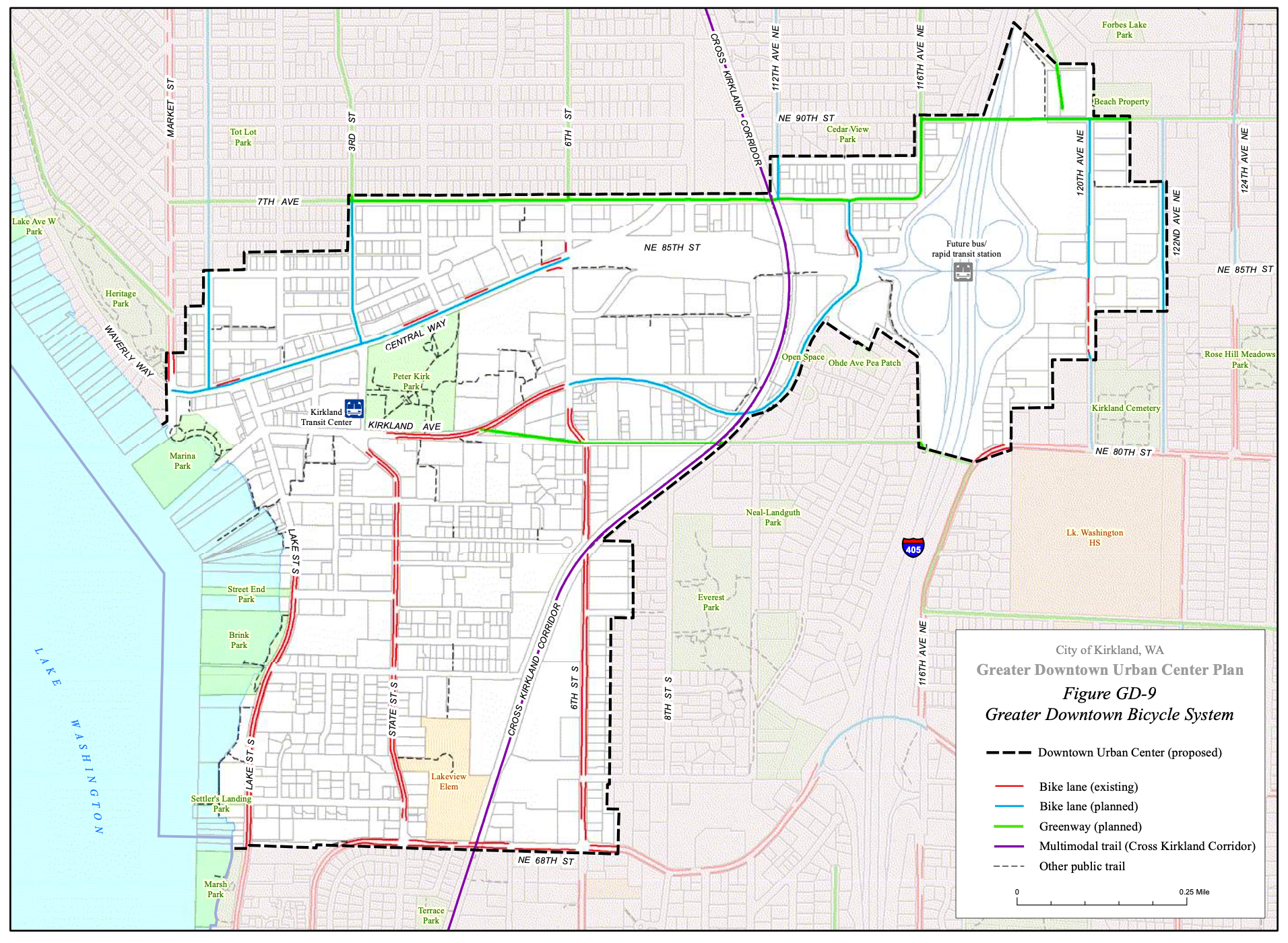Existing and planned bicycle facilities in the city center block by block. (City of Kirkland)